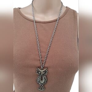 Vintage Signed TORINO Owl Pendant Necklace 70s Pewter Tone Statement